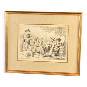 Engraving Pinelli Roma 1819 Vendemmiatrici in reposo grape harvest wine vineyard