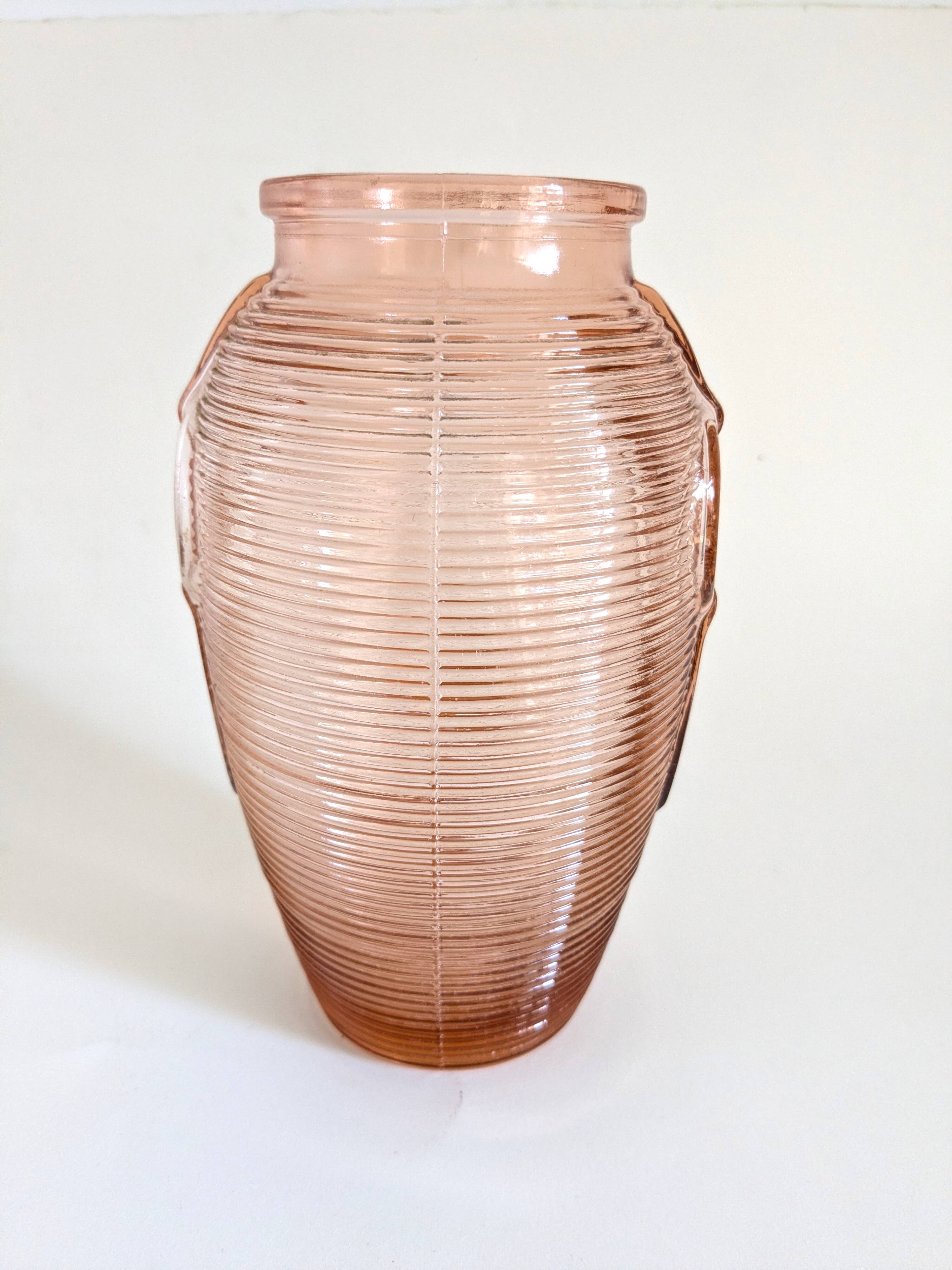 Pair of Art Deco pink moulded glass vases