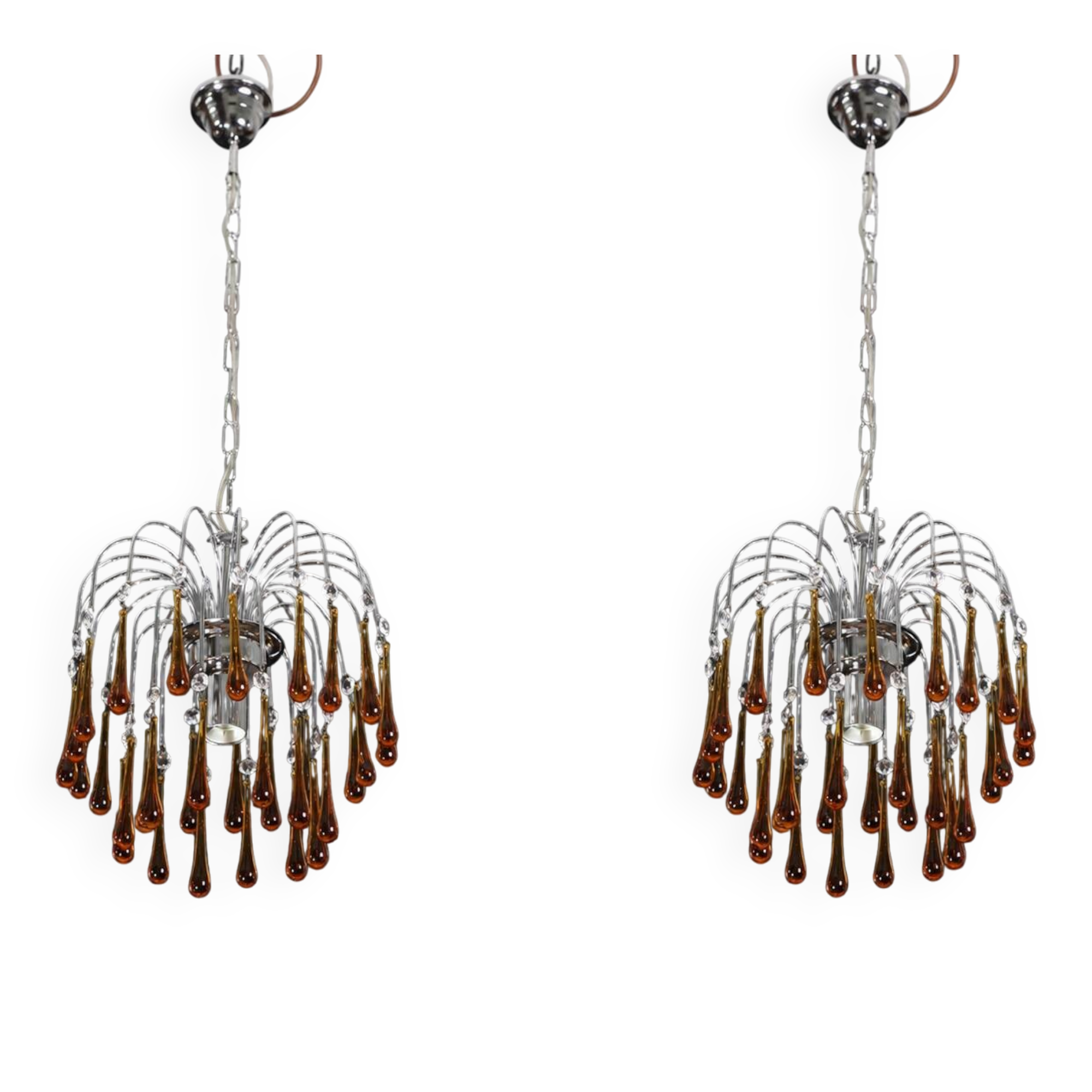 Set of 2 The Amber Crown, Murano Chandelier Amber and Crystal Drops, 1970s