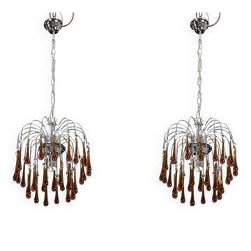 Set of 2 The Amber Crown, Murano Chandelier Amber and Crystal Drops, 1970s