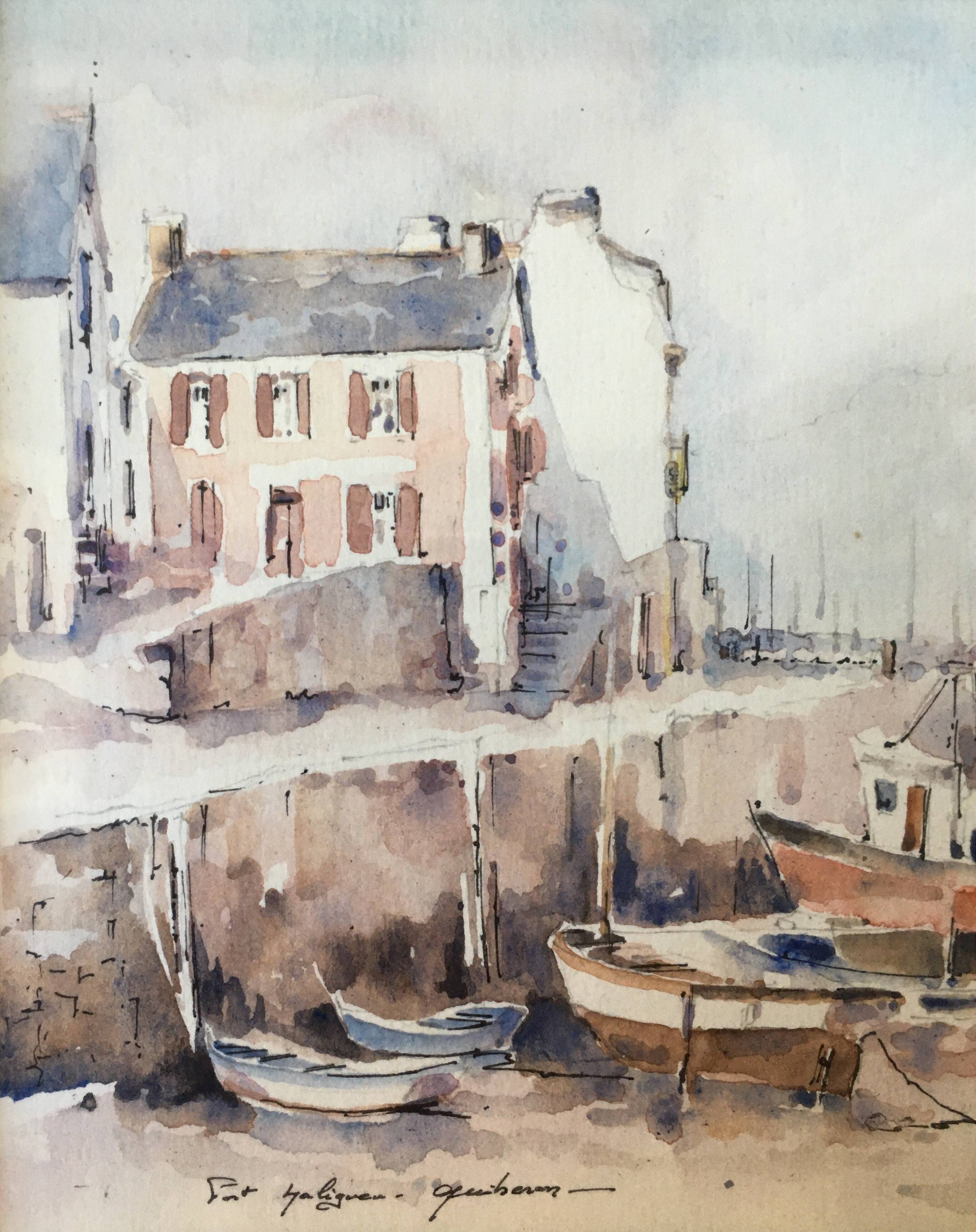 Beautiful Painting Watercolor Port Haliguen Quiberon signed