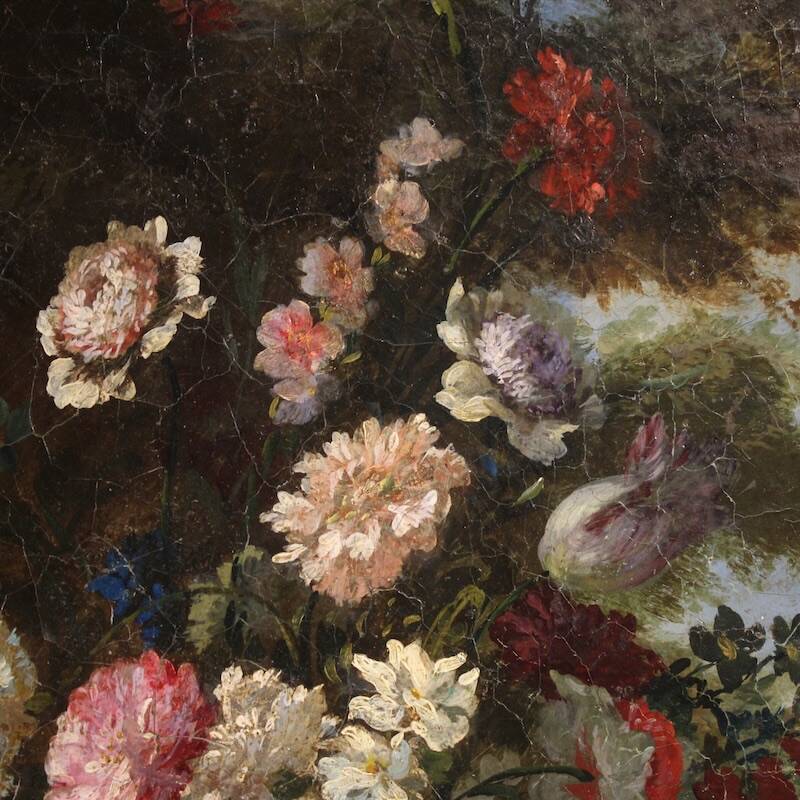 Peinture de nature morte ovale italienne antique du XVIIIe siècle