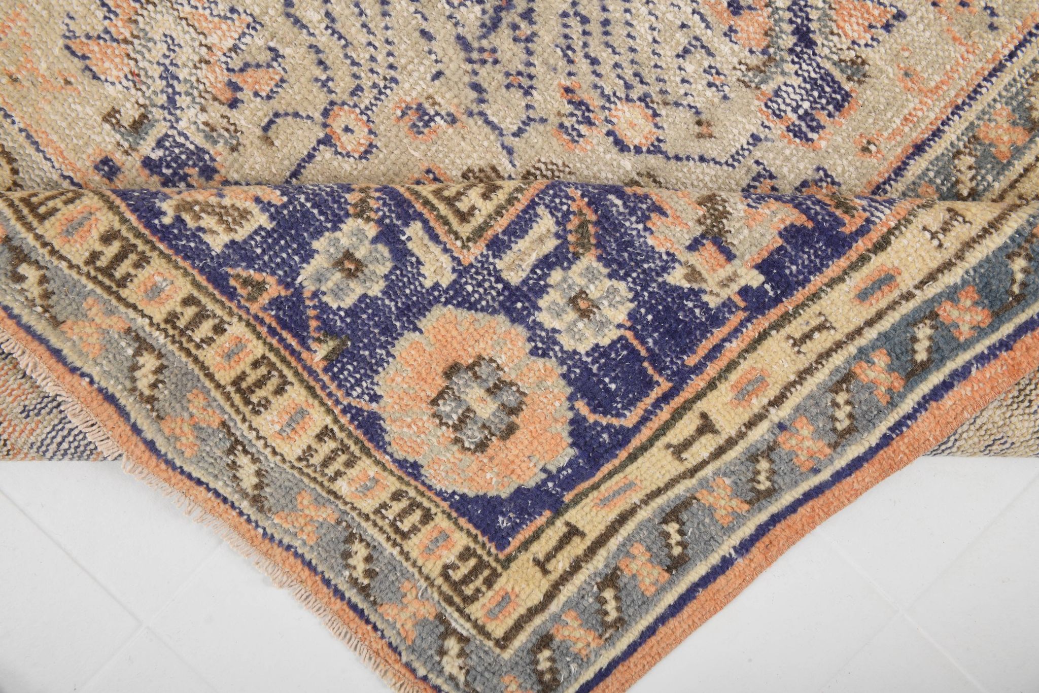 Orange & navy blue turkish vintage rug
