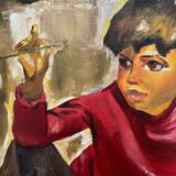 Oil on cardboard by A. Pon child blowing a bubble 1960