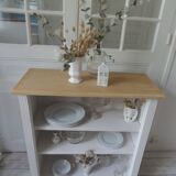 Re-enchanted bookcase in pearl gray, light oak waxed top.