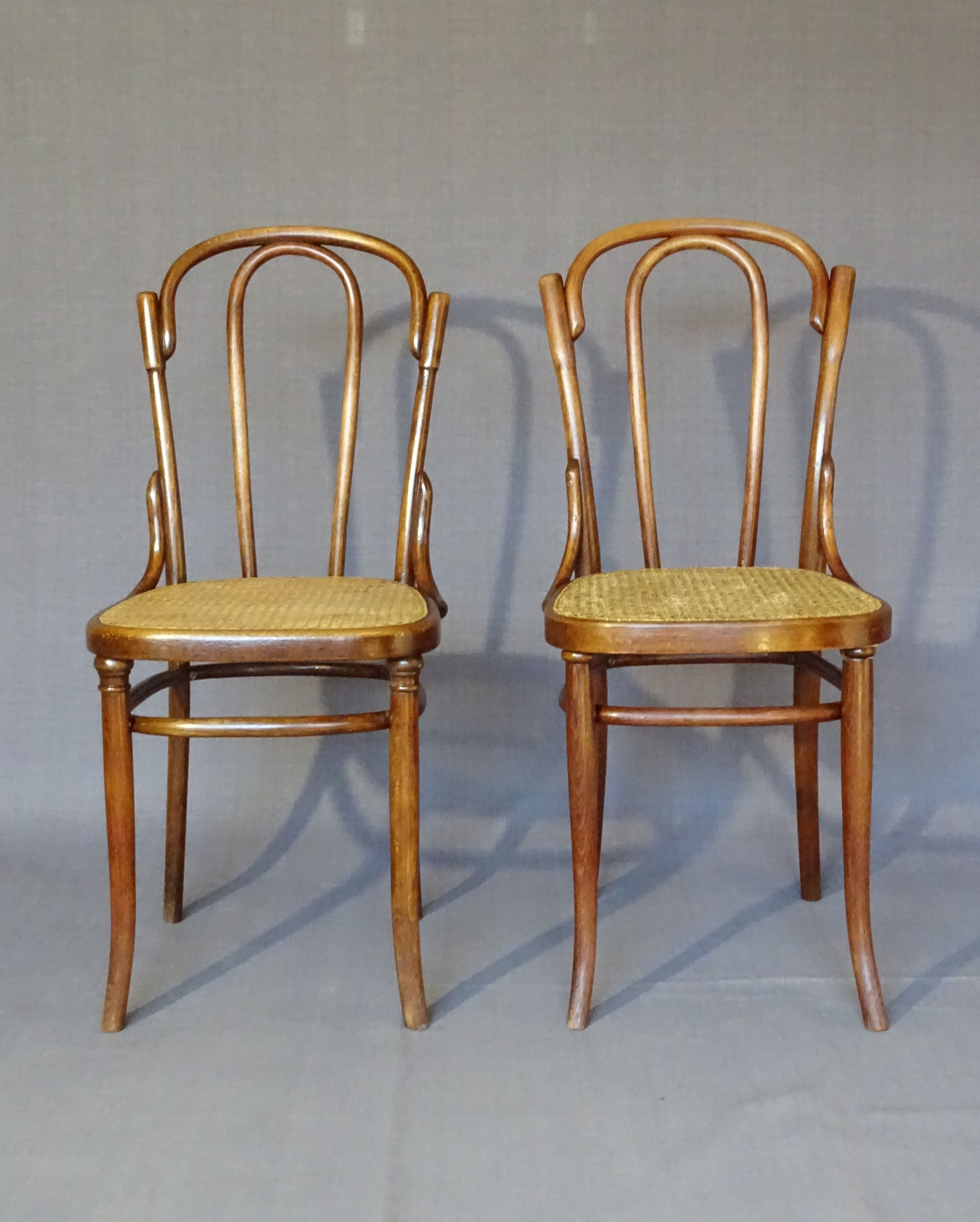 Fake pair of Kohn and Turpe tanned bistro chairs, circa 1900,