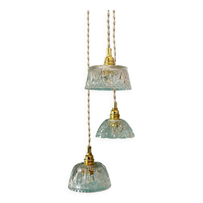 Suspension triple abat-jour vintage en verre et cristal ciselé
