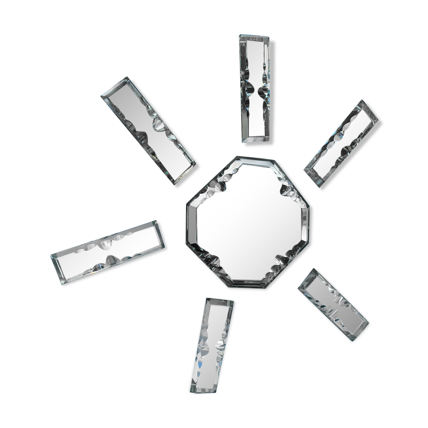 6 knife holders and a bottle bottom, glass, beveled mirror