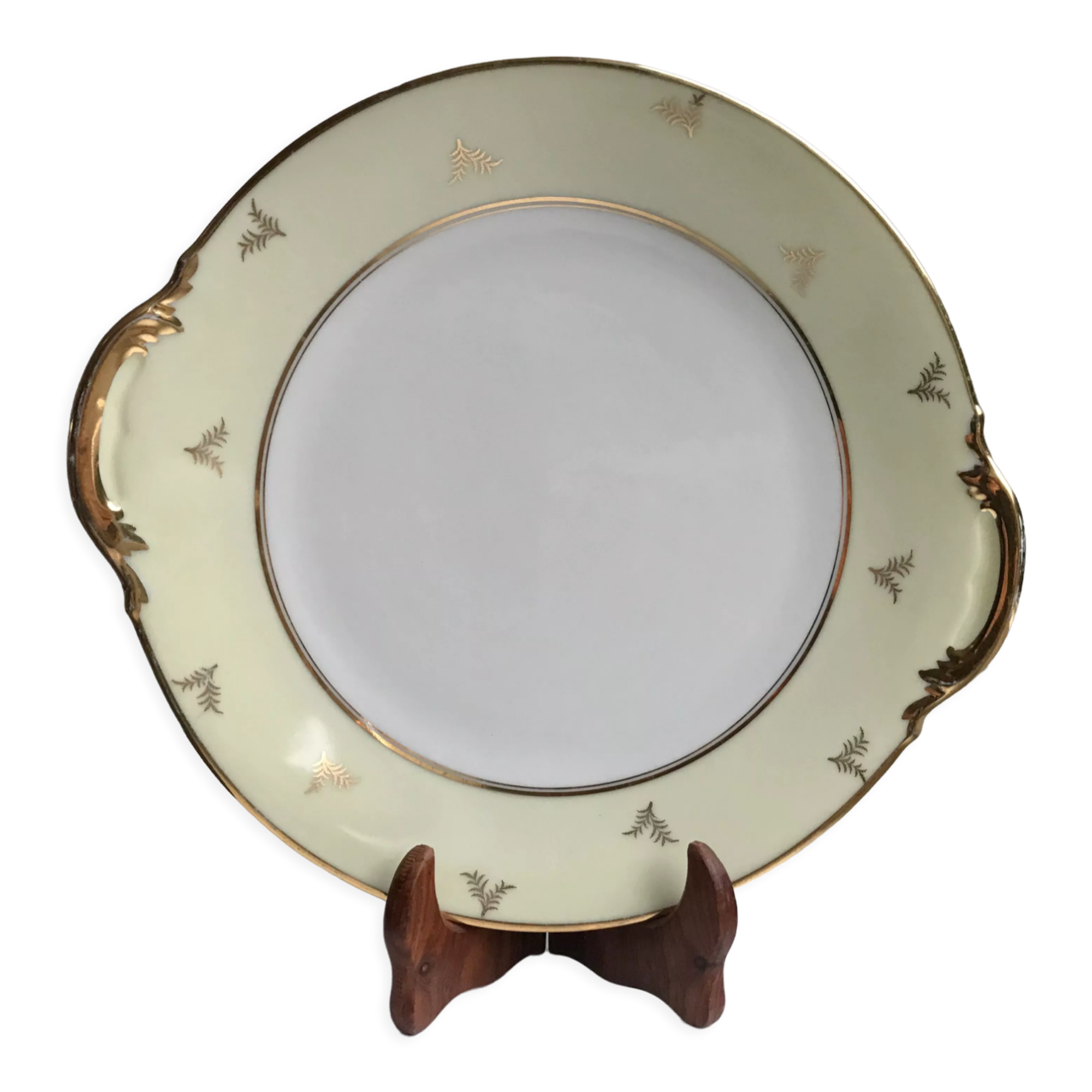 Cream and golden cake dish Limoges porcelain 50s