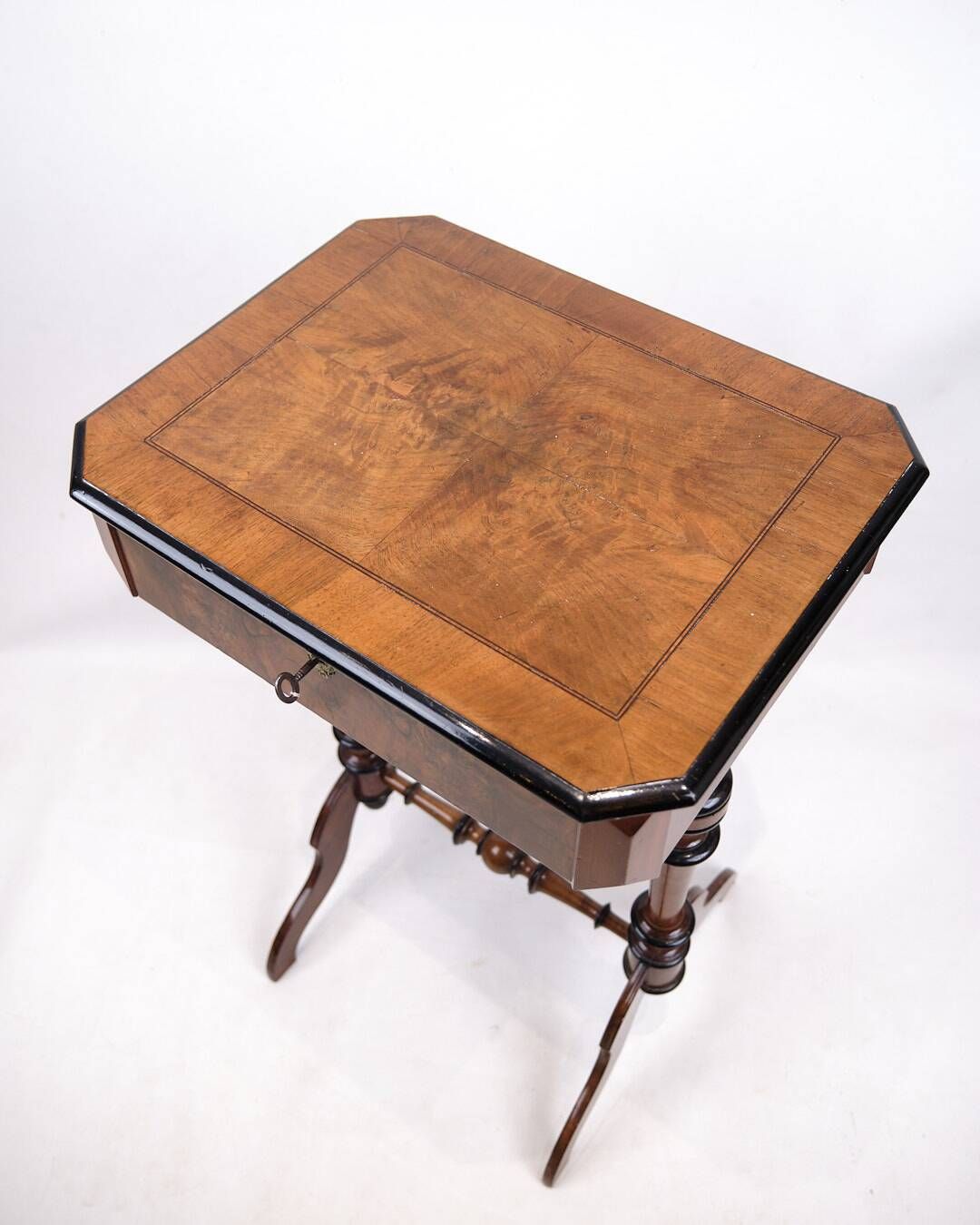 Antique sewing/side table with built-in storage - hand polished mahogany - turned legs - year 1890s