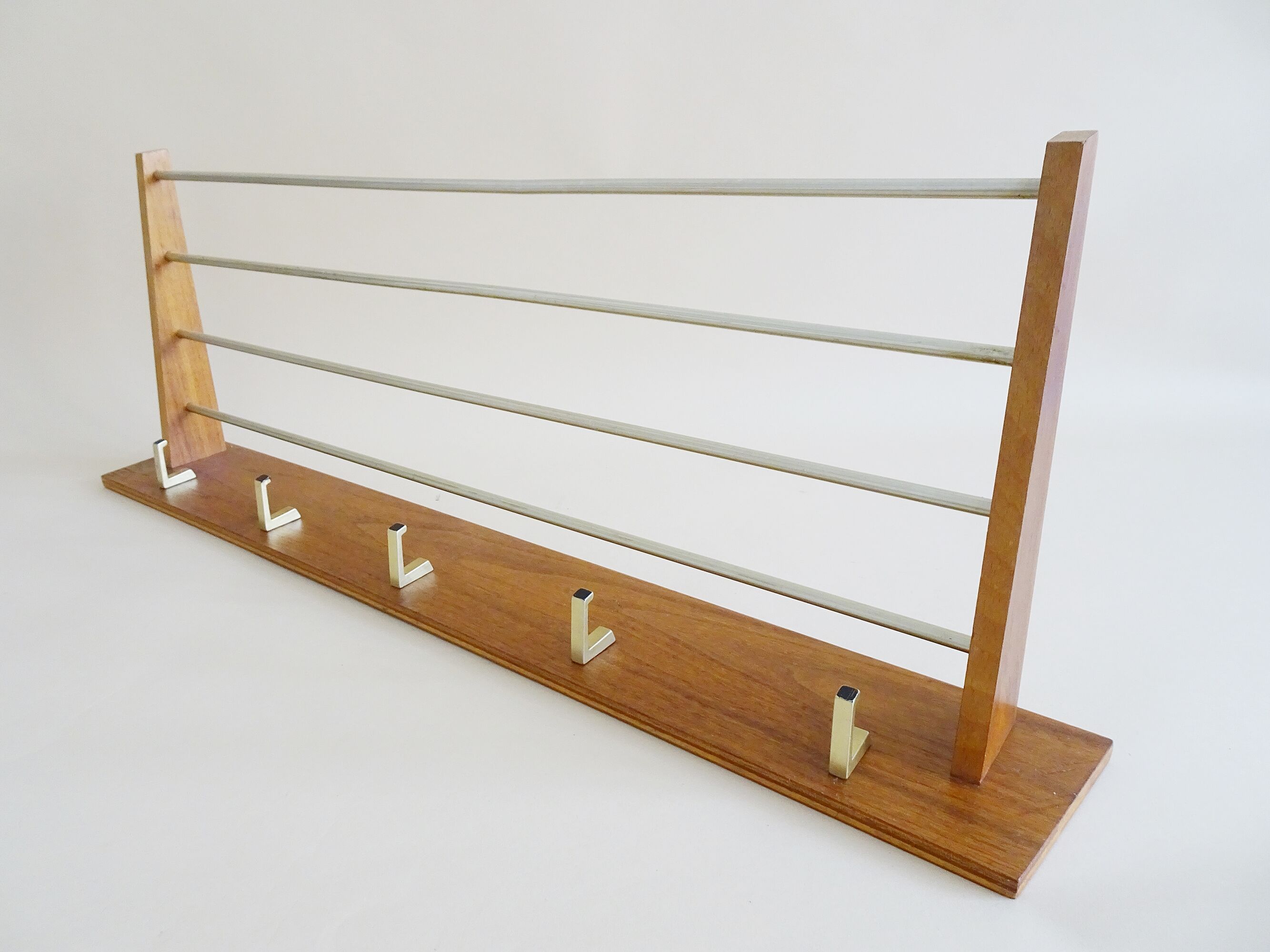 Wall coat rack with hat rack made of teak and gold metal,