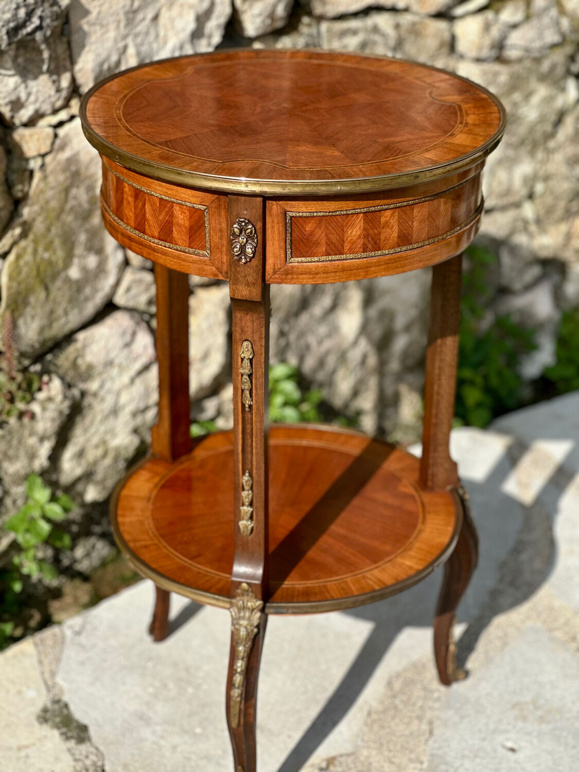 Small side table in precious wood marquetry in the Louis XV style.