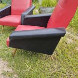 Pair of vintage 60s armchairs – Red and black faux leather