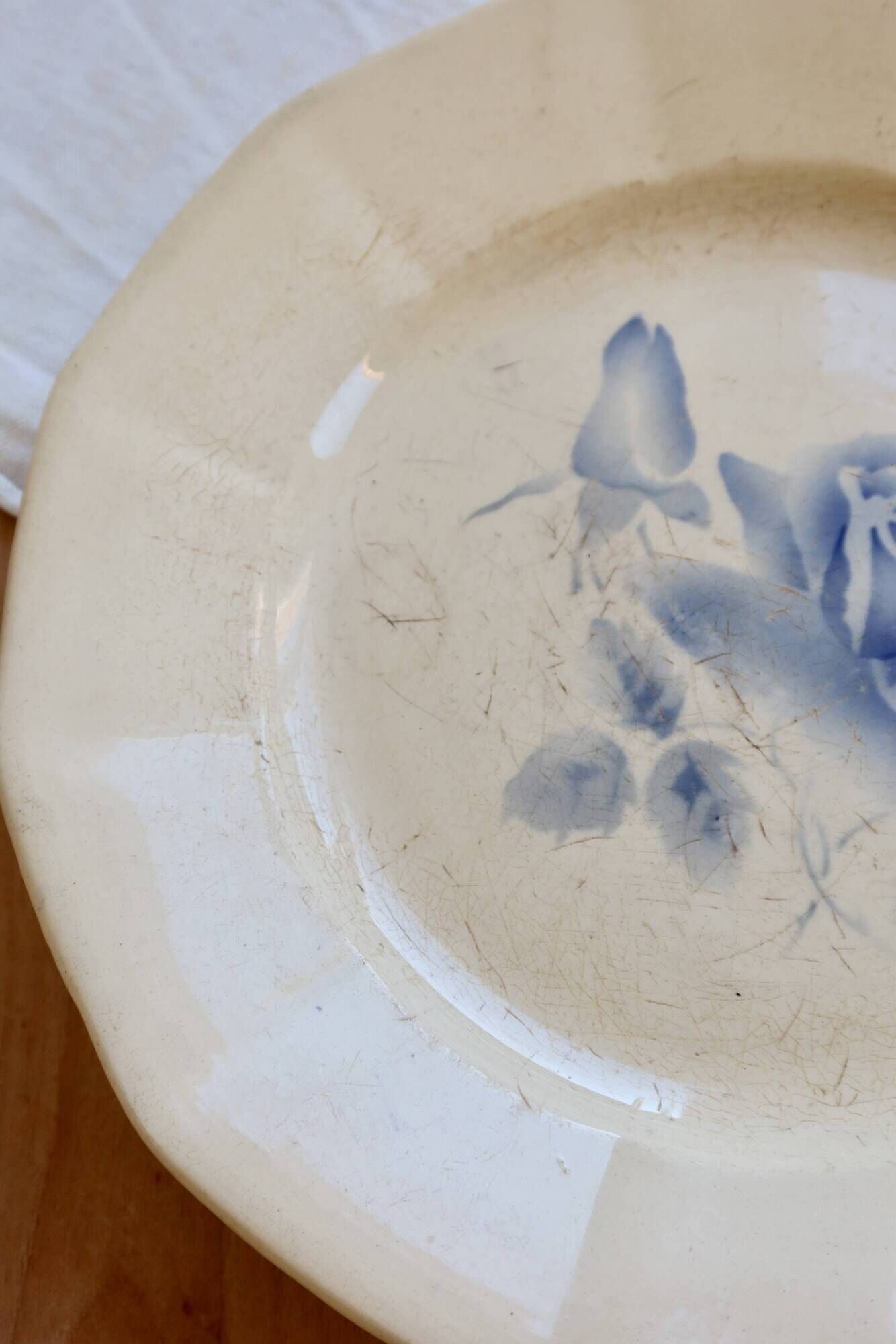 Antique flat plate, ironstone Digoin ivory - Blue rose decoration
