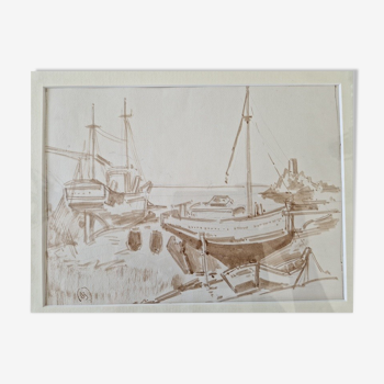Dessin au lavis d'encre brune sur papier Bateau à marée basse par Jacques Beauvais (1923-1988)