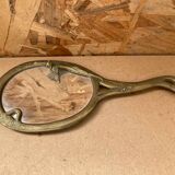 Ancien miroir art nouveau face a main bronze doré décor fleurs vintage