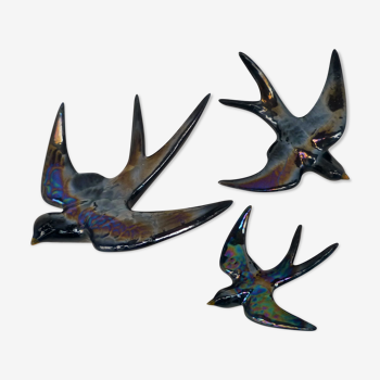 3 iridescent ceramic swallows