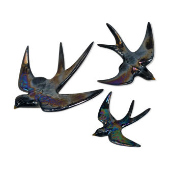 3 iridescent ceramic swallows