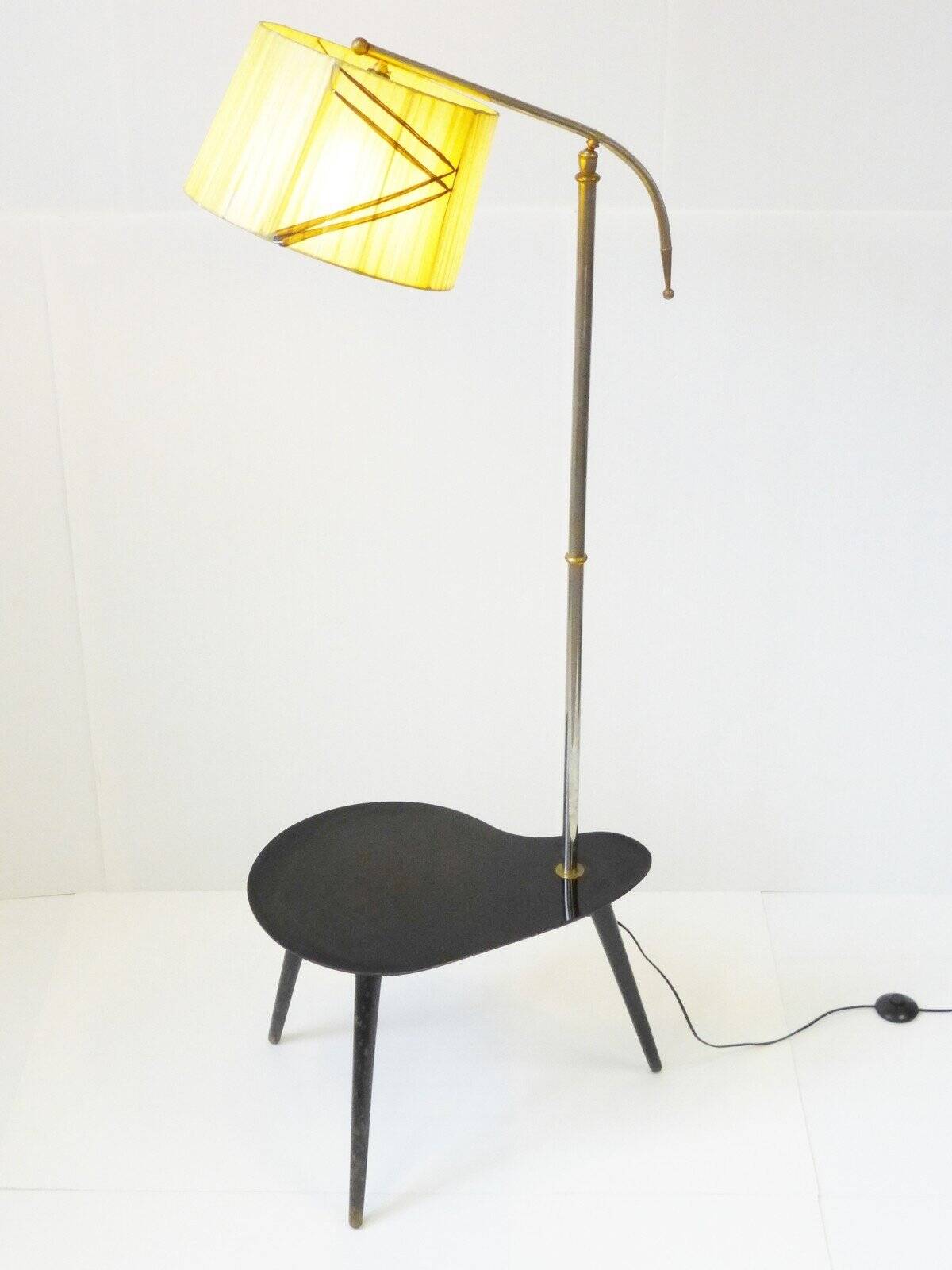 Vintage 1950s Tripod Floor Lamp with Kidney-Shaped Formica Shelf