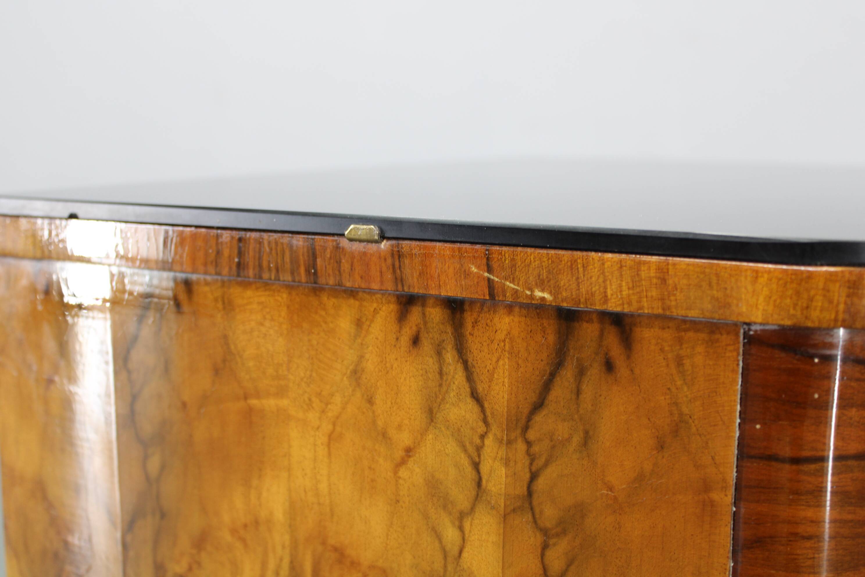 Art Deco walnut nightstand with black opaxite glass, Czechoslovakia 1930s