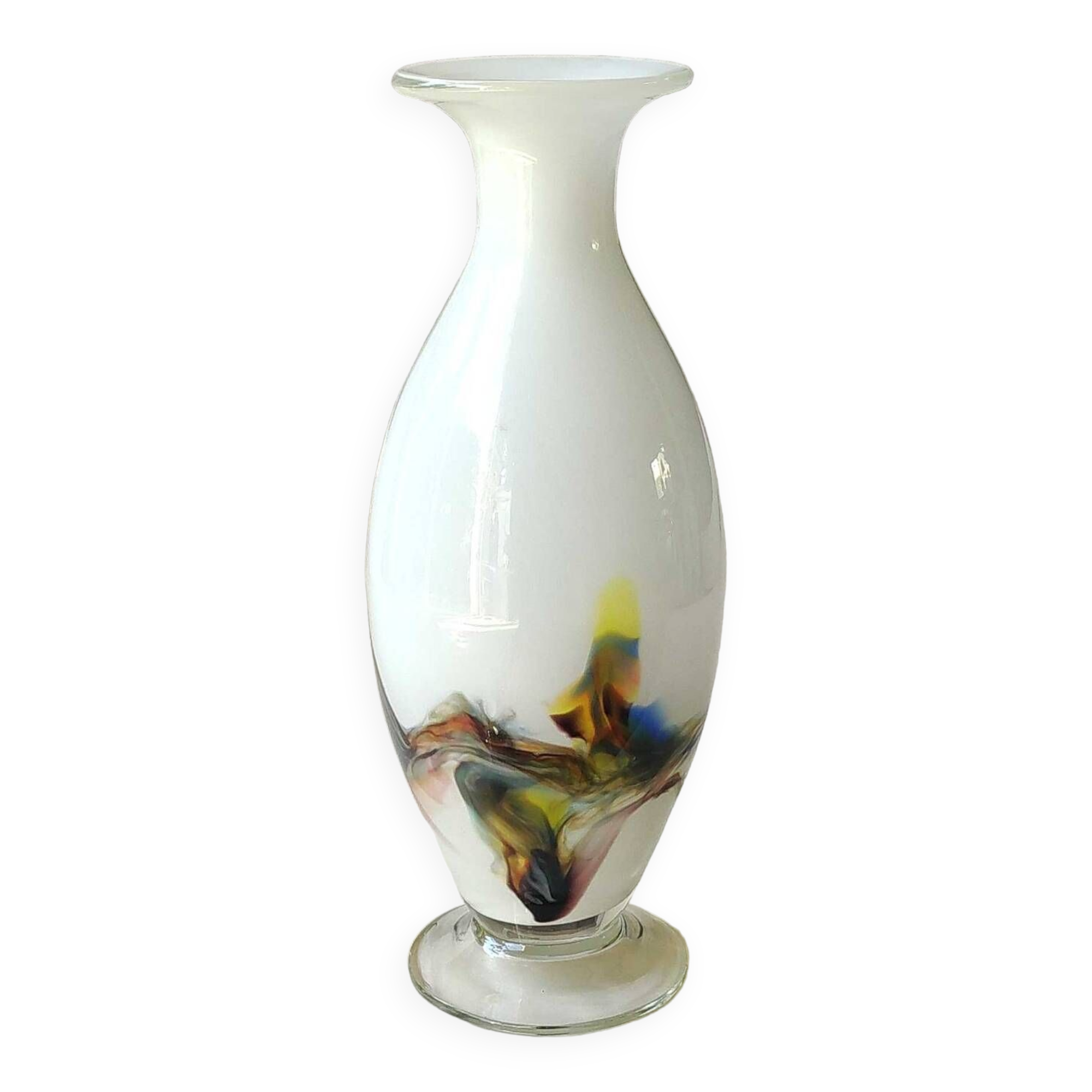 Flamed vase/volutes in white opaline/polychrome Art Glass. Murano style. High 23.5 cm