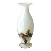 Vase flammé/volutes en opaline blanche/Verre d Art polychromes. Style Murano. Haut 23,5 cm