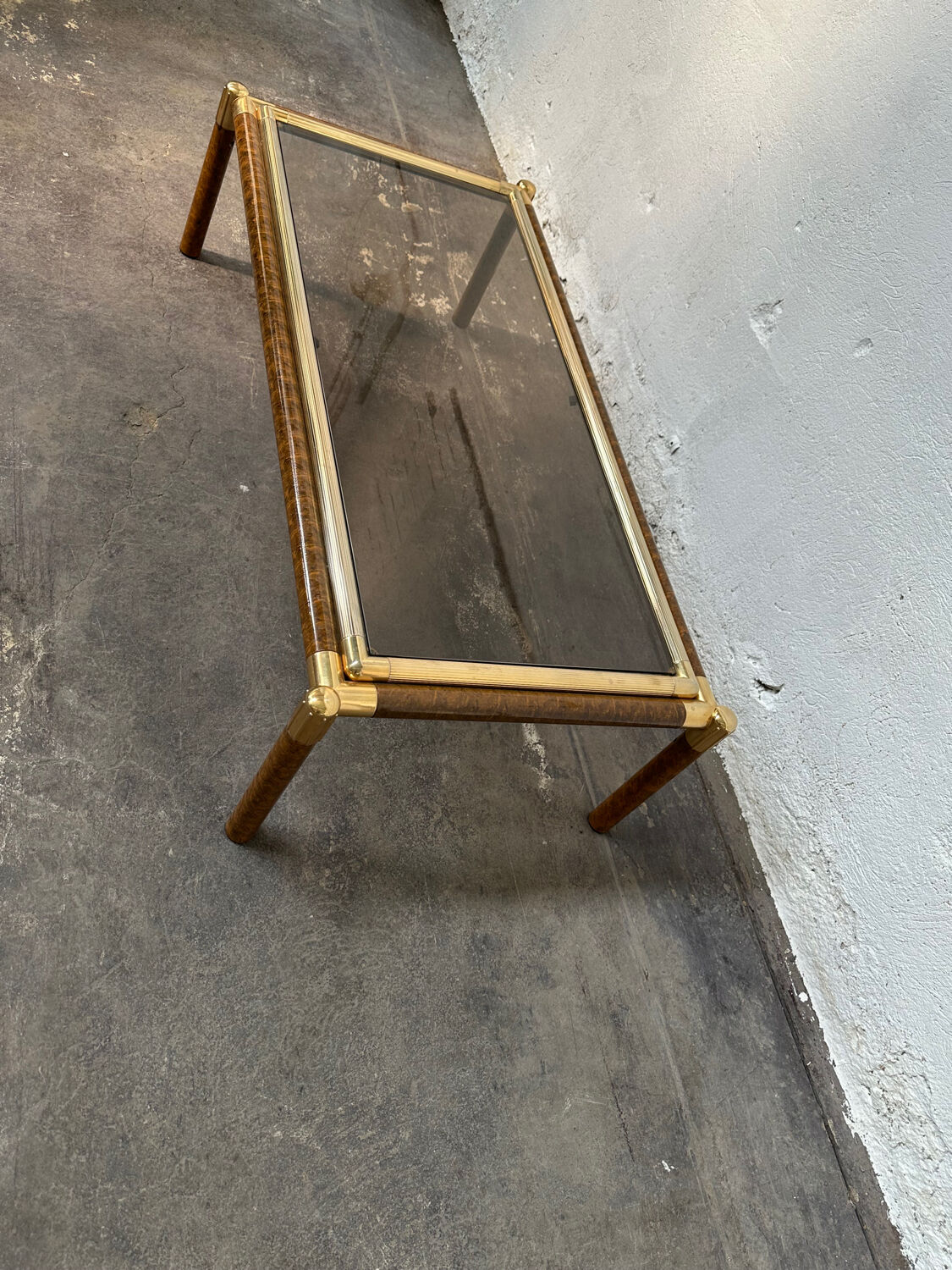 Gold-tone metal and imitation elm burl coffee table