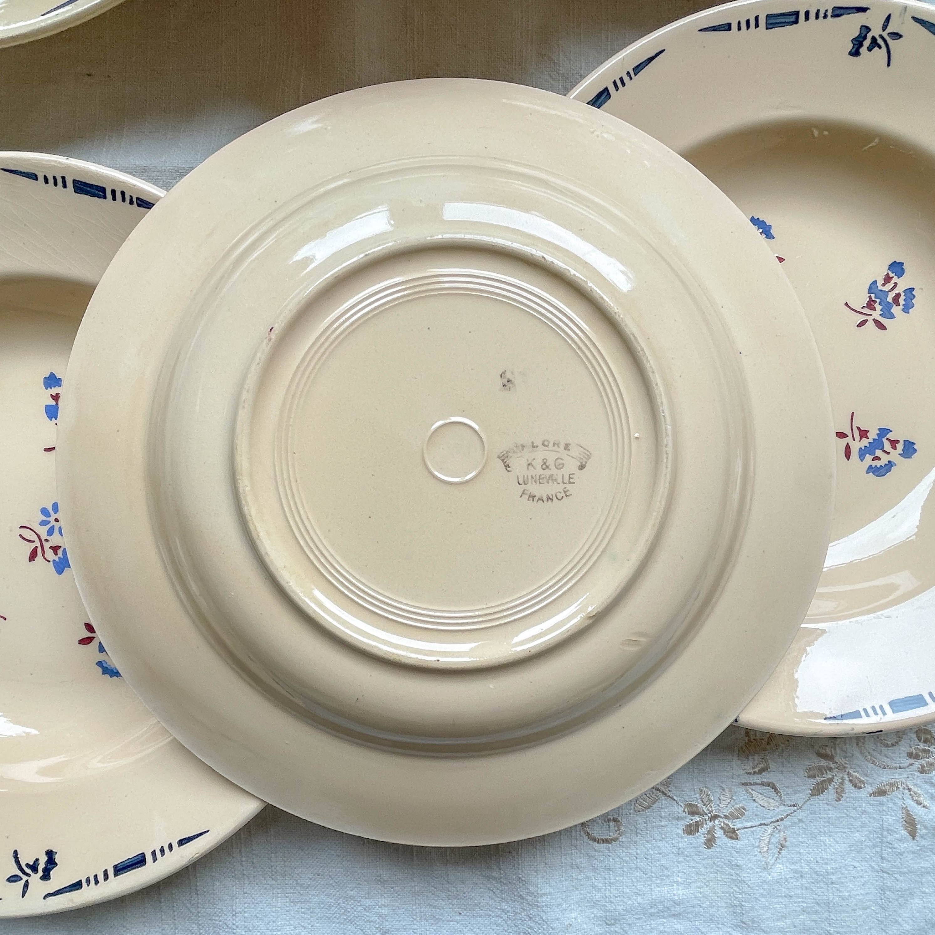 6 vintage K&G Luneville "Flore" porcelain soup plates, 1950s, small blue flowers