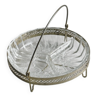 Glass dish with openwork metal support.