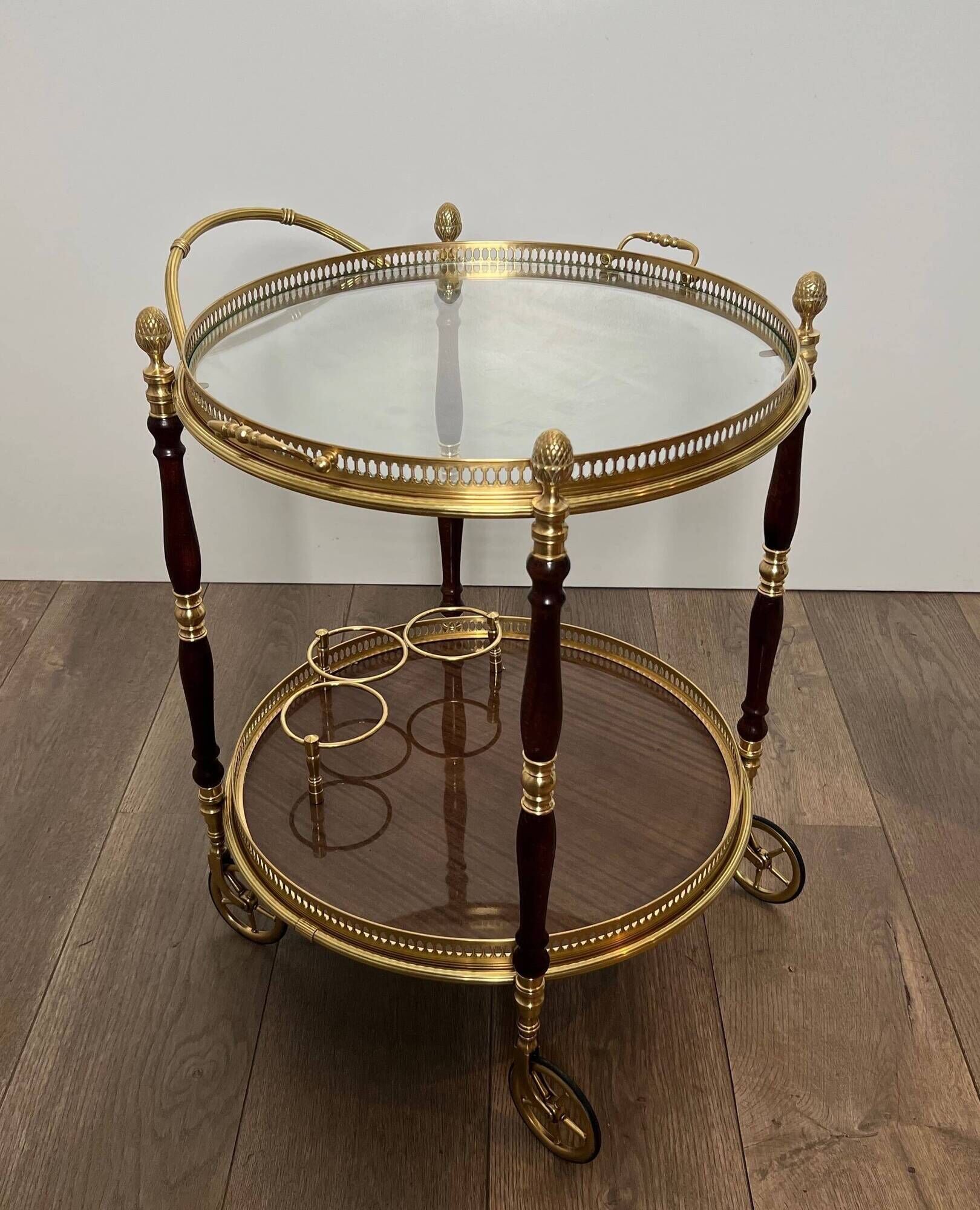 Oval Rolling Table in Brass and Mahogany with Openwork Gallery and Bottle Holder