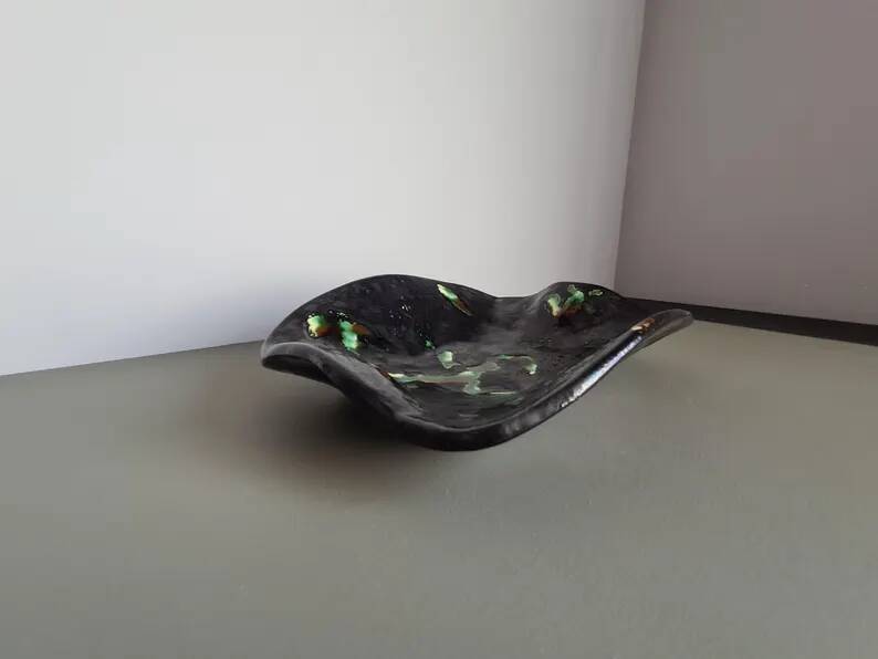 French ceramic bowl, lava glaze, black and green.