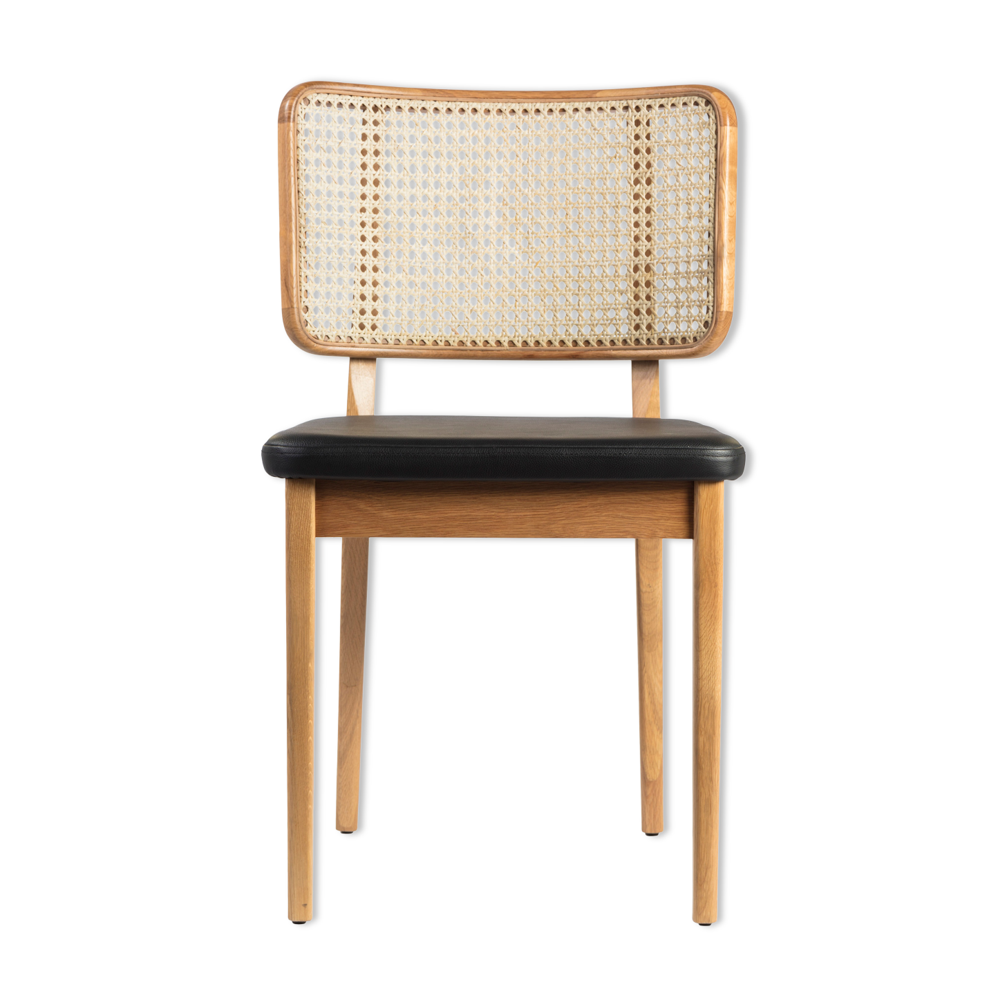 Chaise cannage bois naturel cuir noir sans accoudoirs