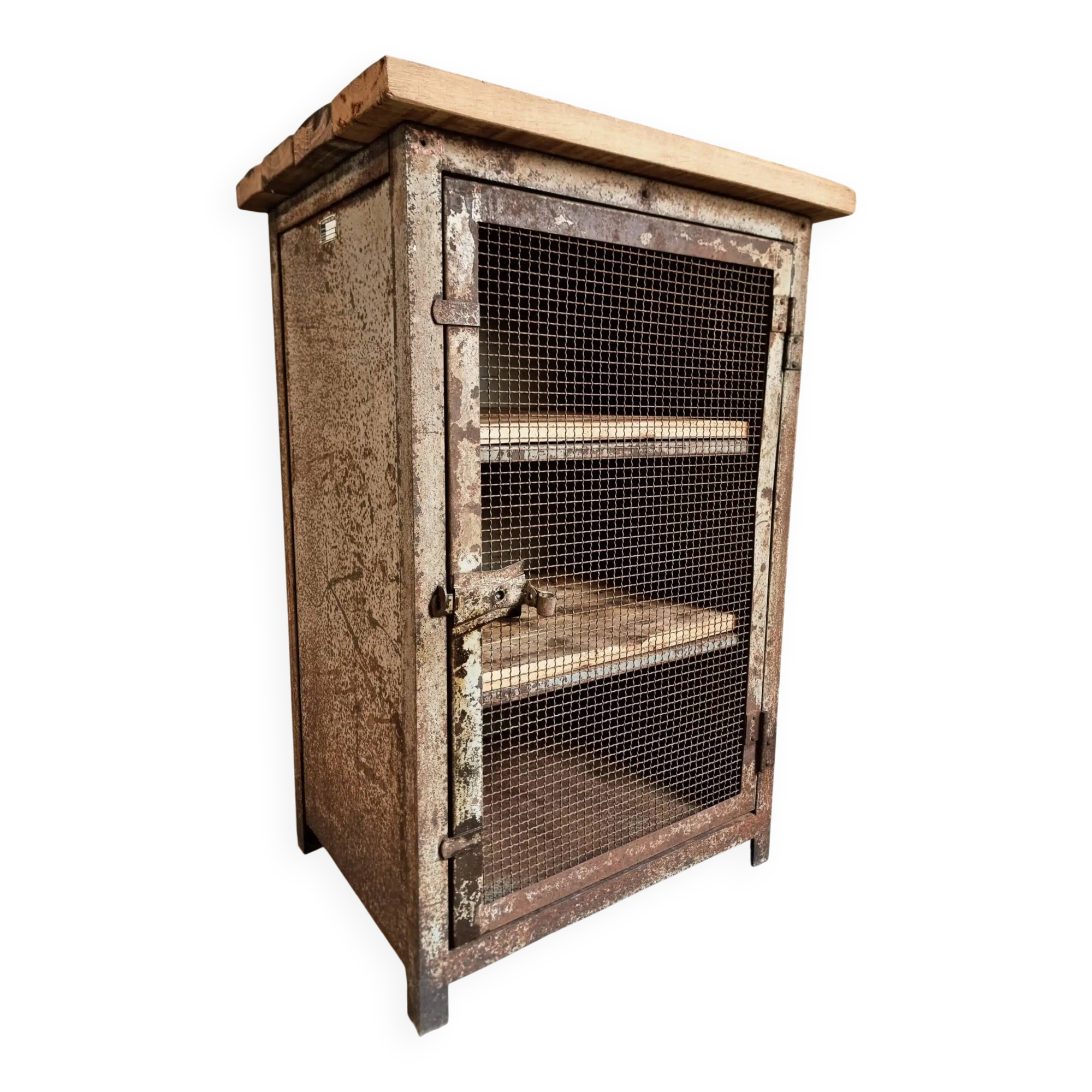 Rare French industrial military cabinet – Air Ministry, 1956 – Metal storage with oak top and wooden shelves