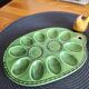 Earthenware egg dish with chicken-shaped salt and pepper shakers