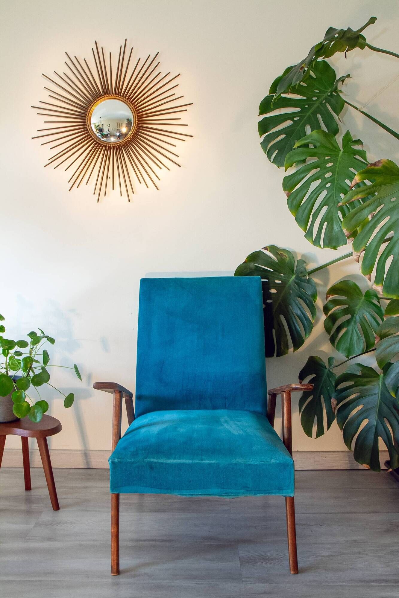 Scandinavian velvet armchair in duck blue, 1950s-60s.