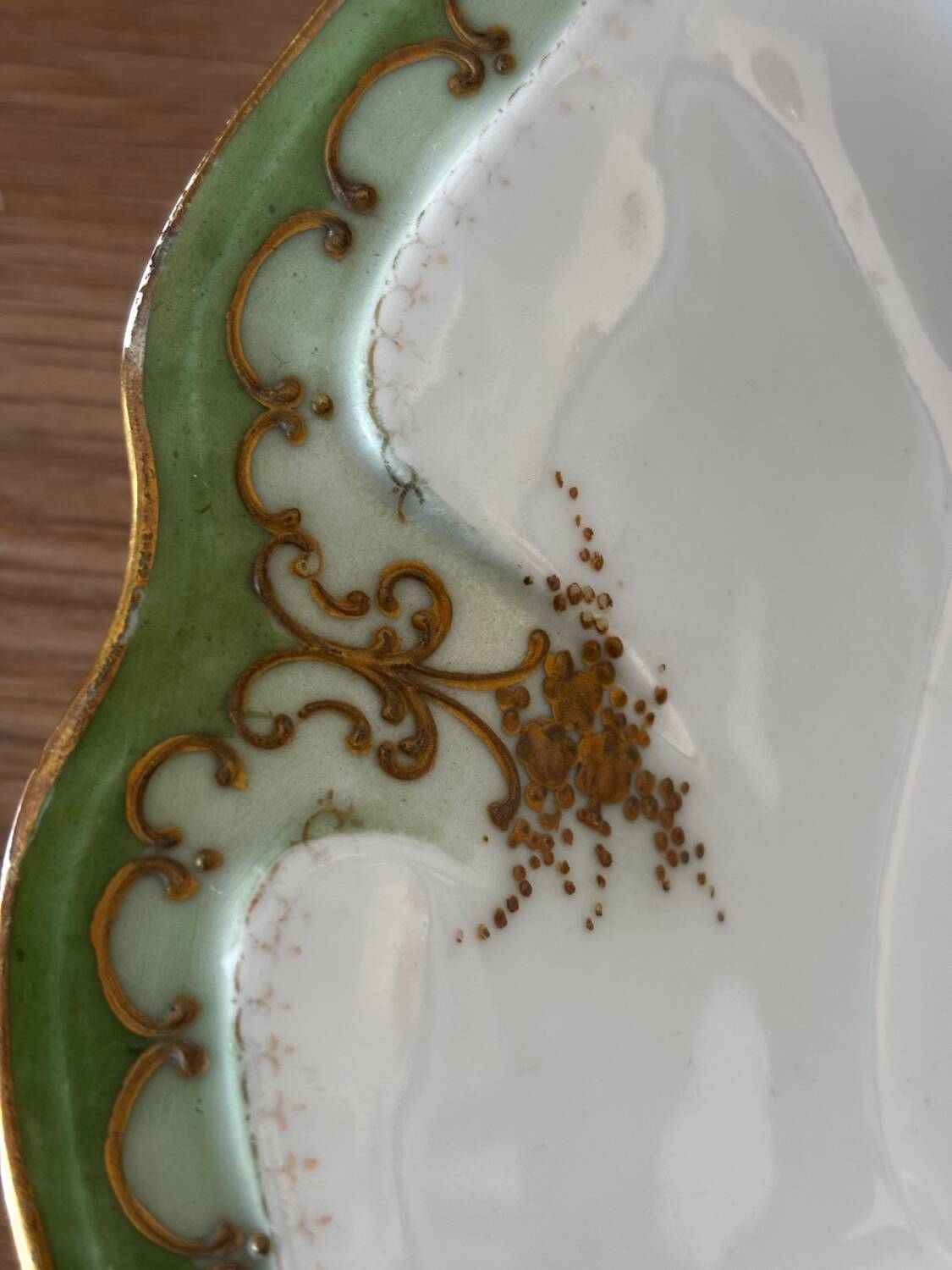 Vintage serving dish with green and gilt defects, Limoges porcelain