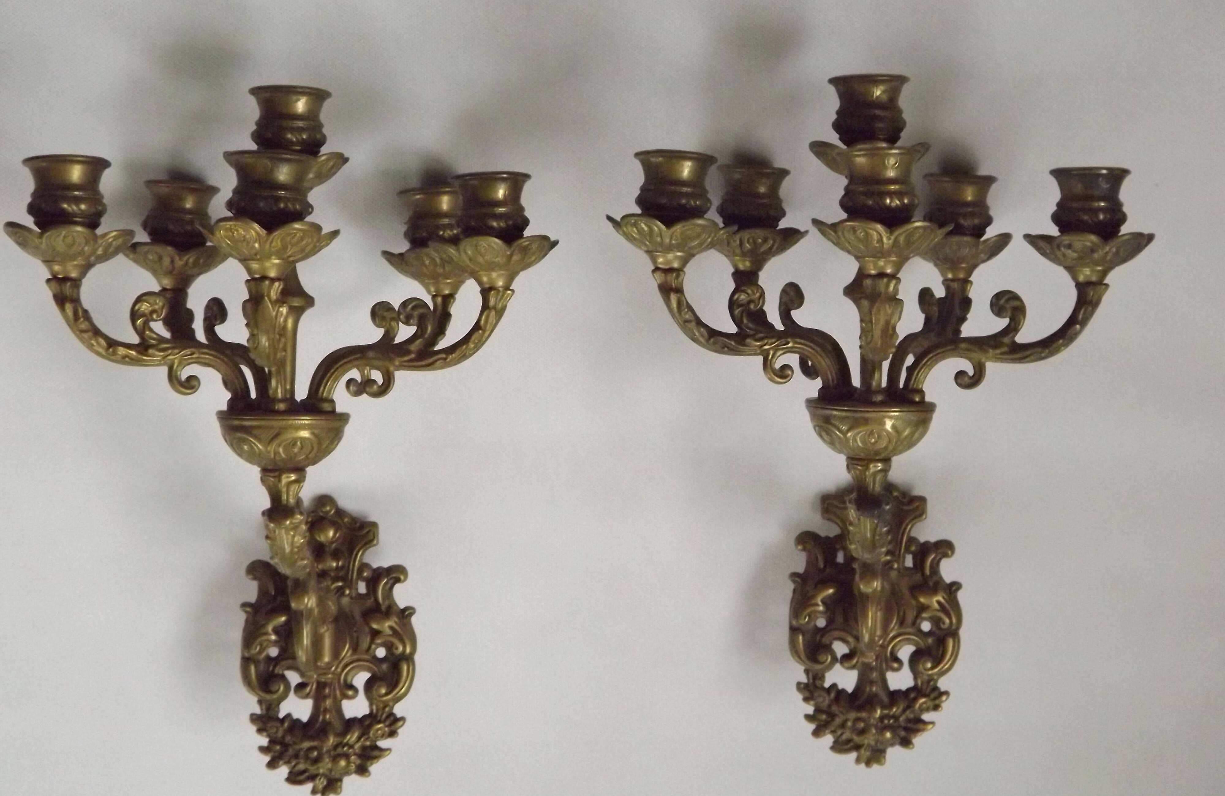 Pair Early 20th Century Rococo Revival Brass 5 Light Candle Wall Sconces