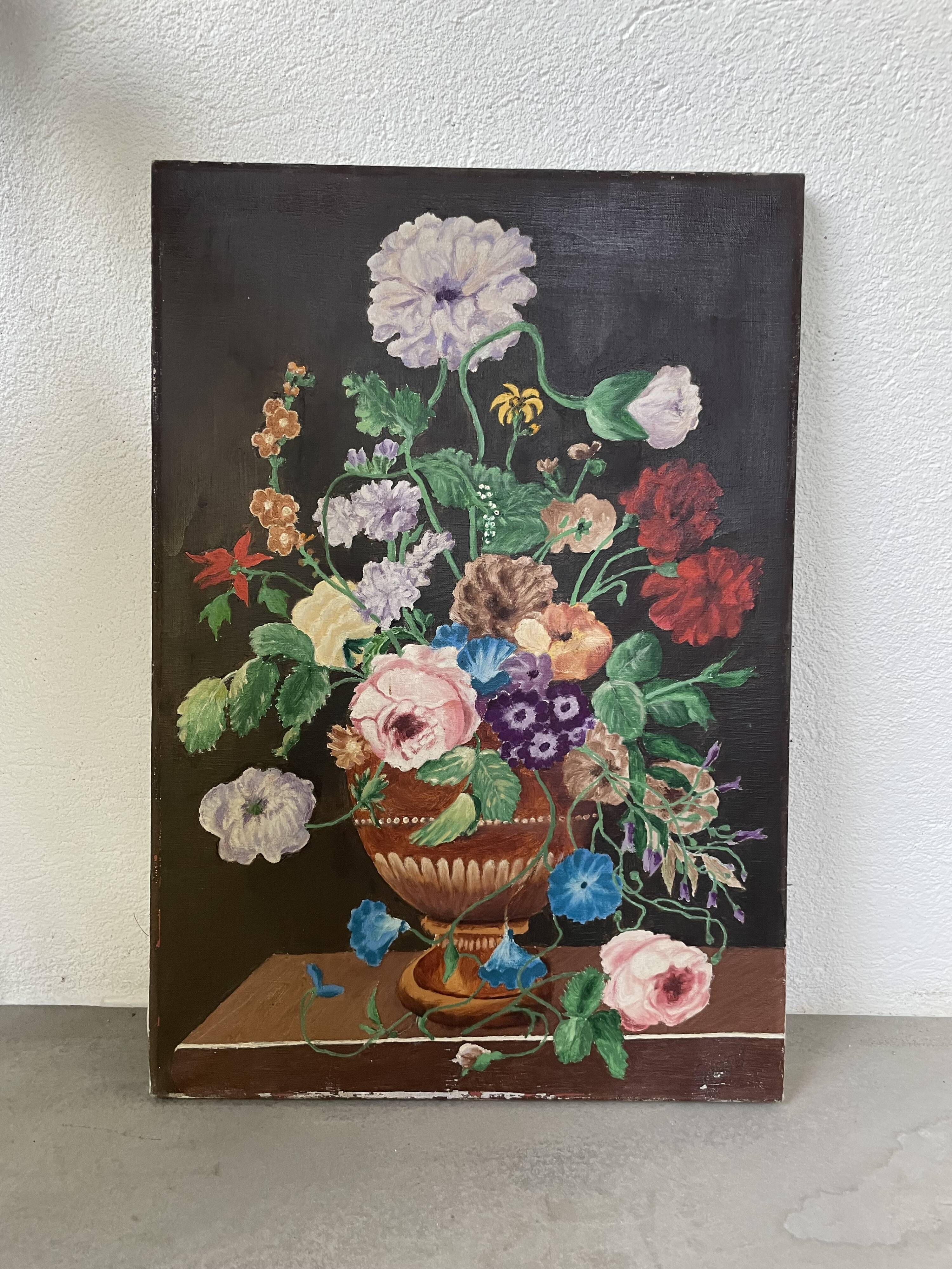 Oil painting on wood flowers signed Grumet