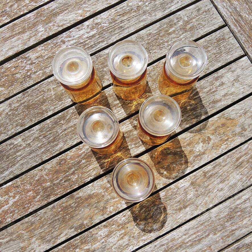 6 old Luminarc liqueur glasses in yellow glass