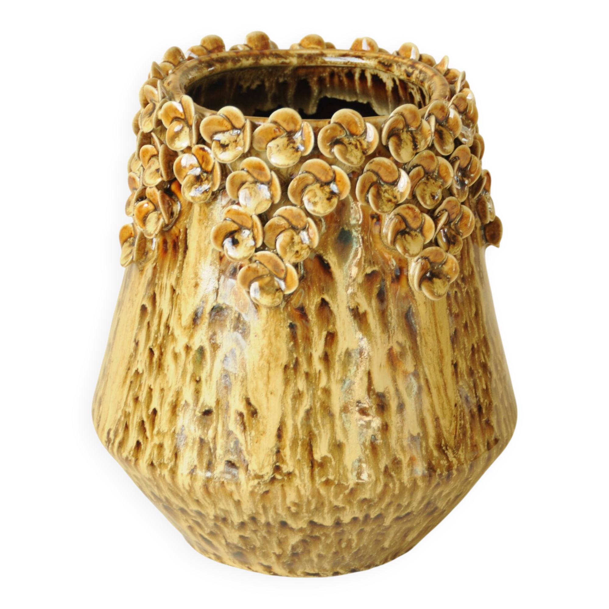 Amber Honey Ceramic Cache-Pot with Sculpted Floral Decor - Bohemian Style