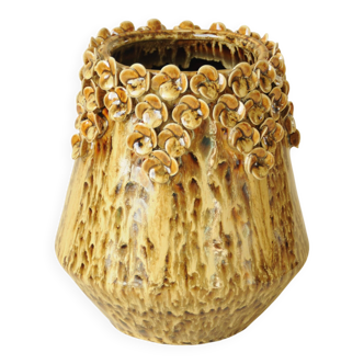 Amber Honey Ceramic Cache-Pot with Sculpted Floral Decor - Bohemian Style