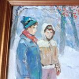 Animated Snowy Landscape Painting Children and their Dog Signed Canvas 20th Century Frame