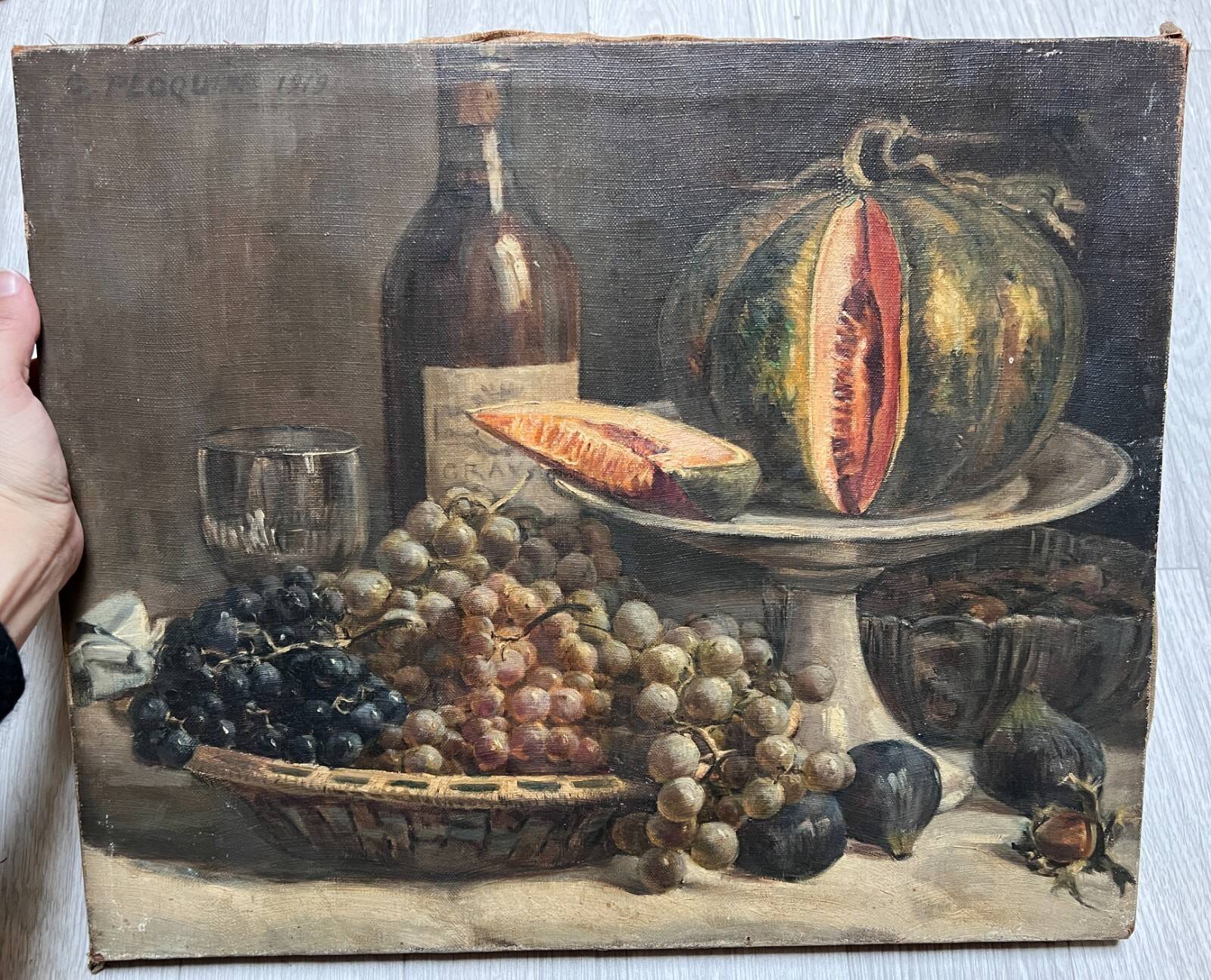 Painting by gaston ploquin (1882-1970) grapes, still life of fruits
