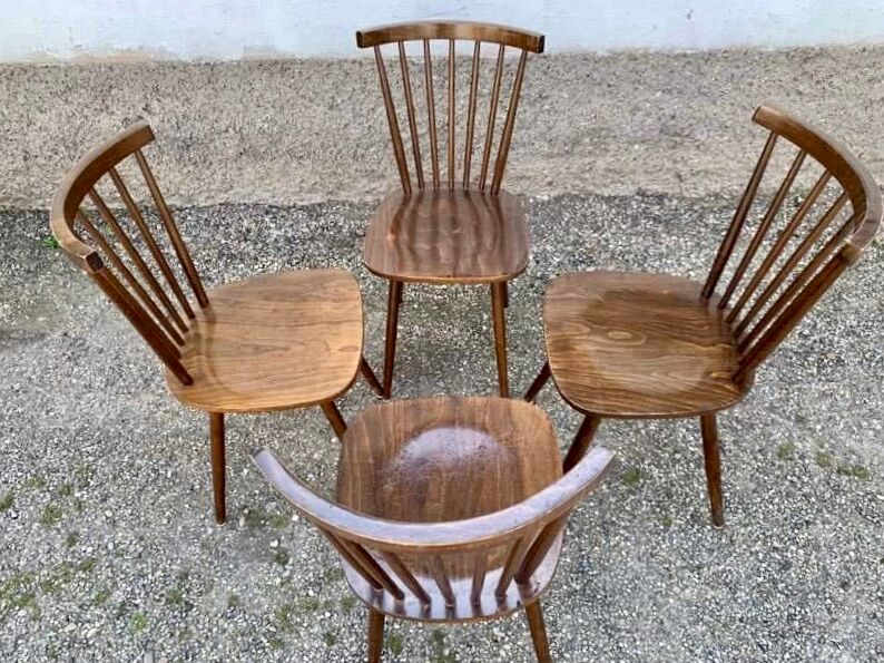 Series of 4 old chairs bistro wood curve dossir eventail in hetre