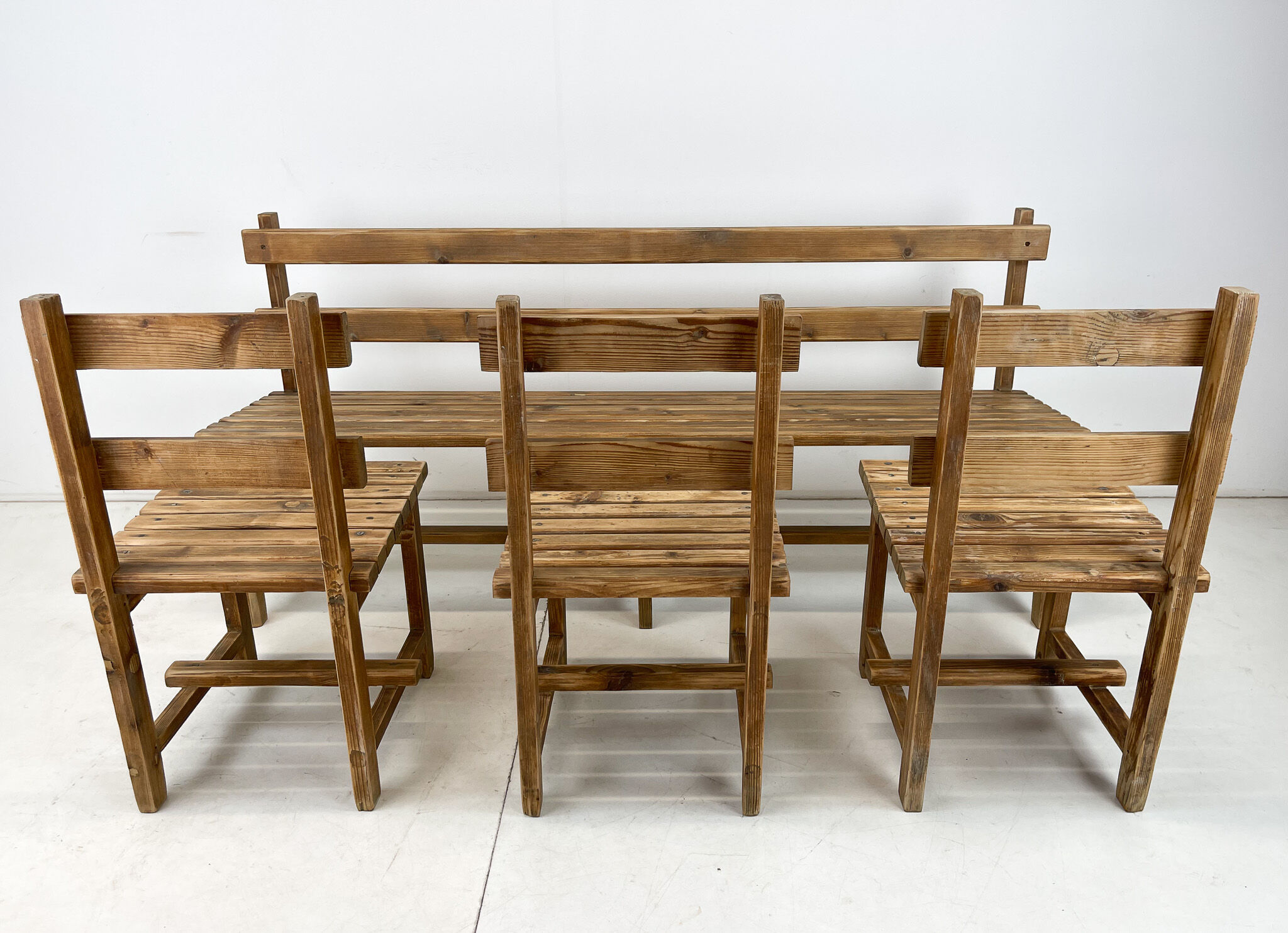 Vintage Wooden Dining Set of Bench & 3 Chairs