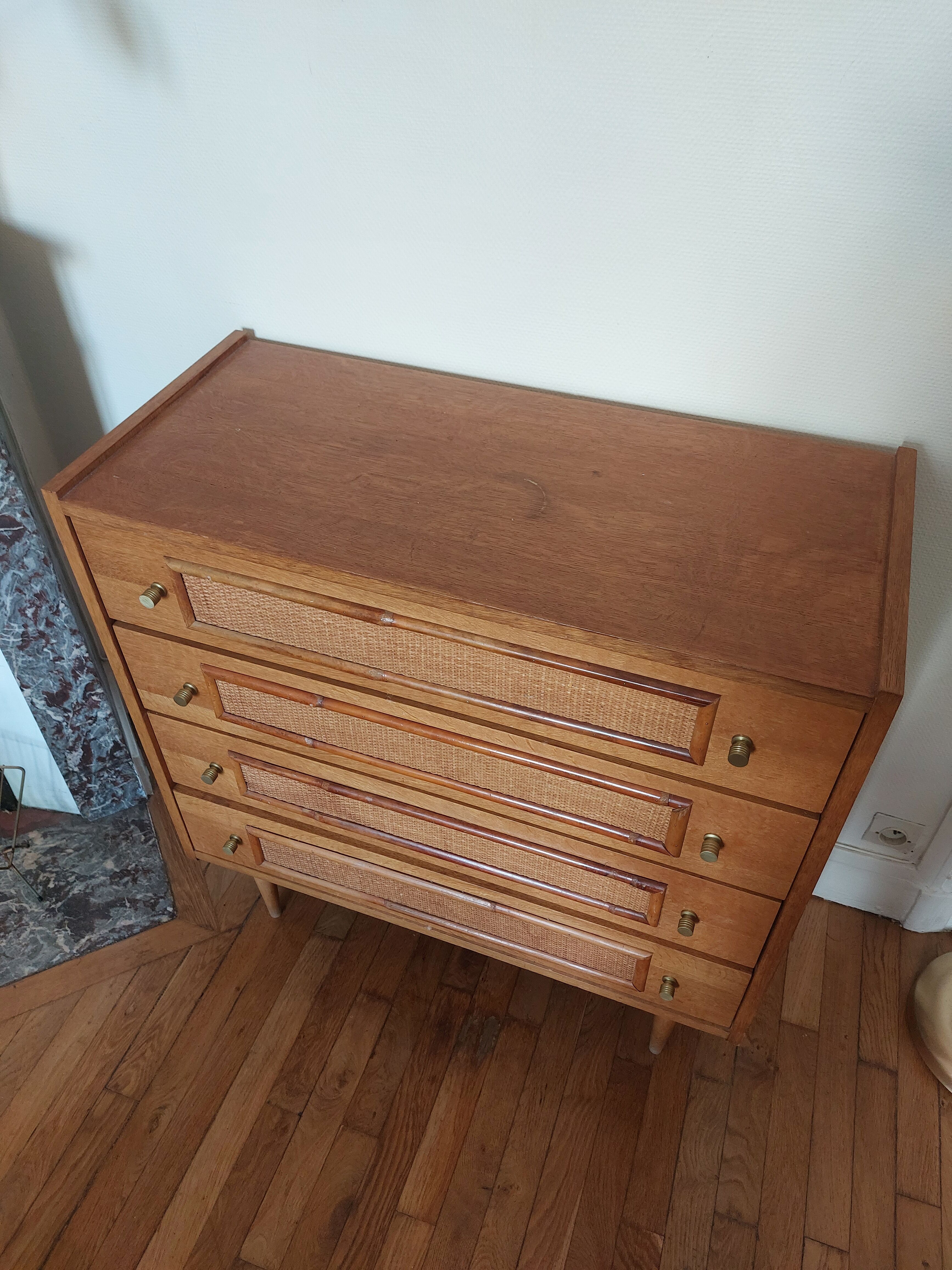 Vintage wood and rattan chest of drawers