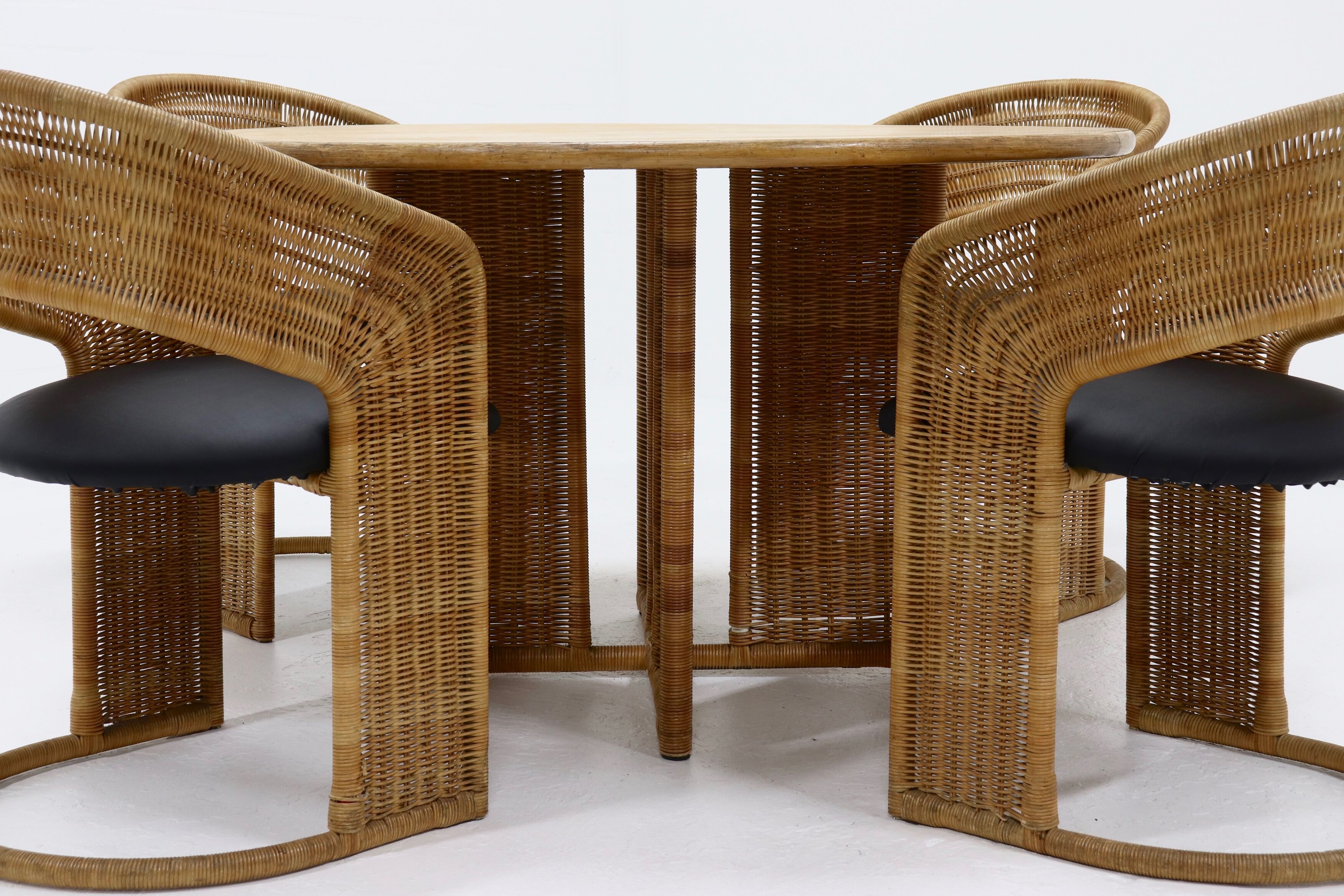 Table à manger en rotin et chêne par Luit van der Helm, Pays-Bas Années 1980