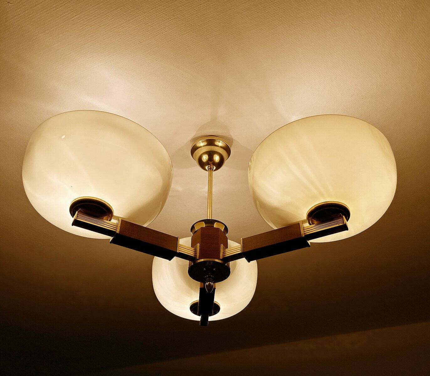 Large Art Deco pendant light in wood and glass, 1930s