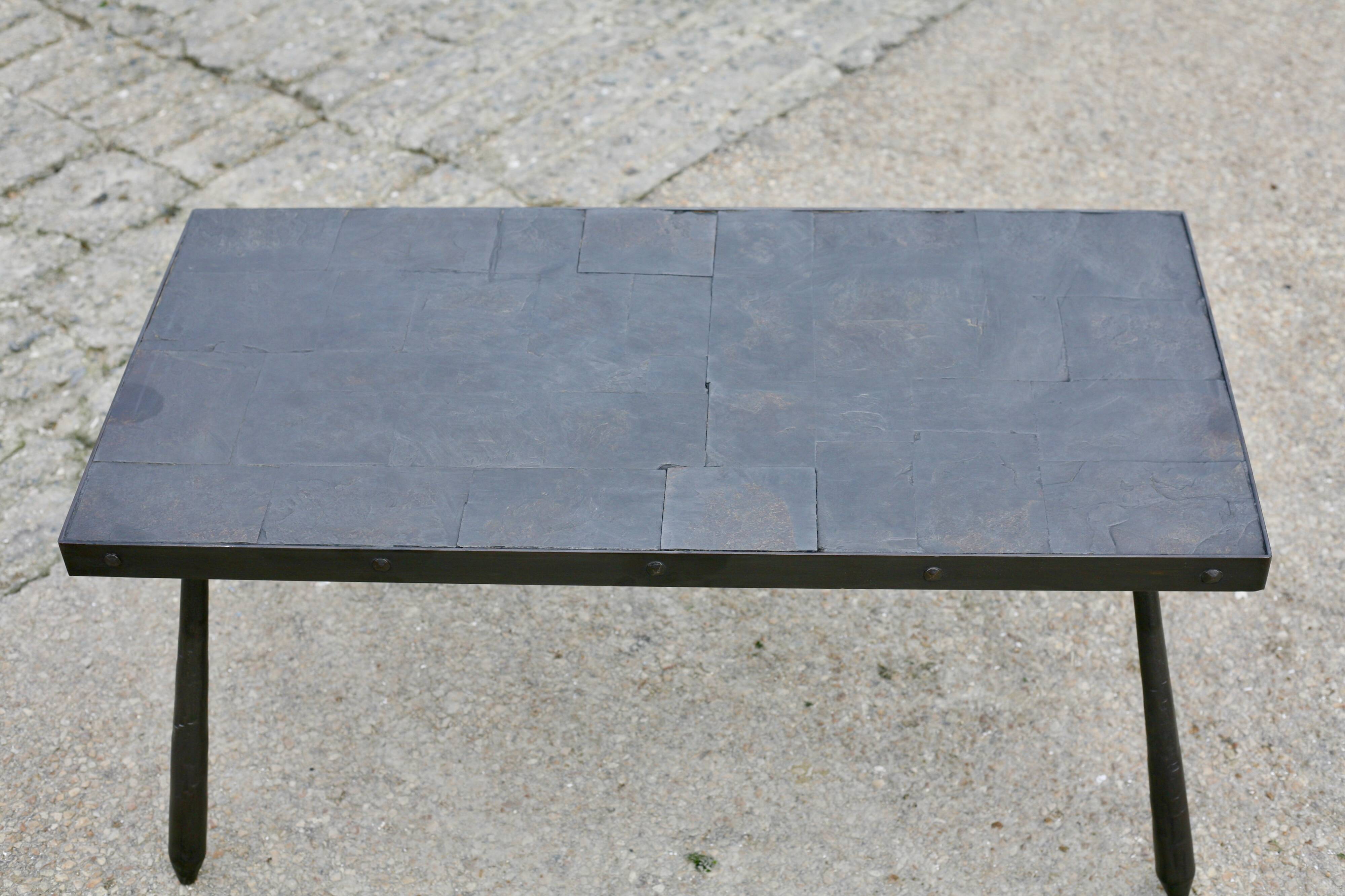 Brutalist coffee table, slate top and steel base, France, 1960s