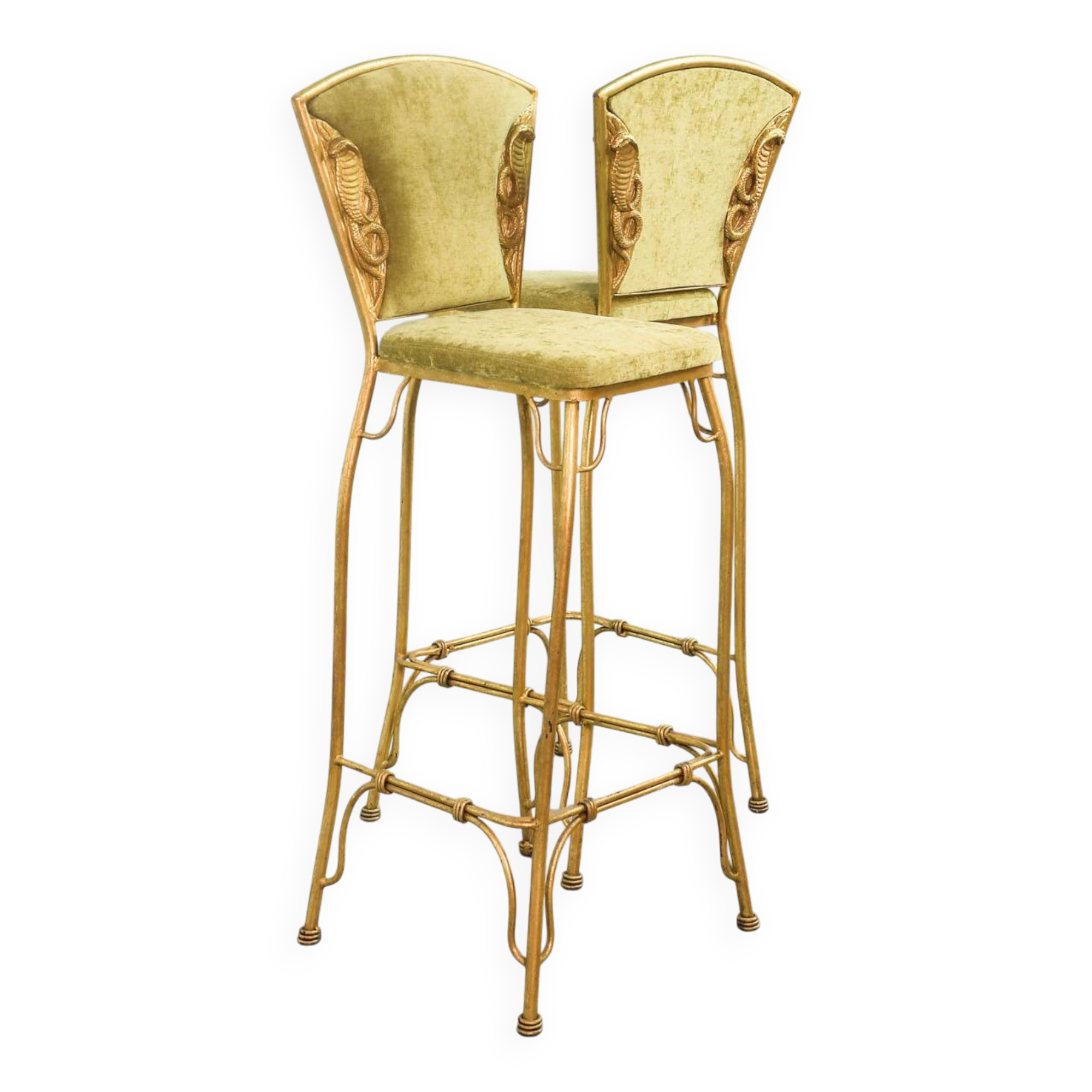 Set of 2 Glamorous Gilded Cobra Bar Stools with Green Velvet Upholstery 70s